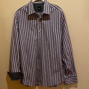 Hugo Boss Men’s Pink and Gray Striped Dress Shirt Size Large